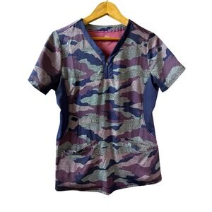 Healing Hands Purple Label Jessi Scrub Top L Blue Purple Camo Zip V-Neck